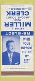 Matchbook Cover - Arthur Miller Macomb County Clerk CREASE 30 Strike