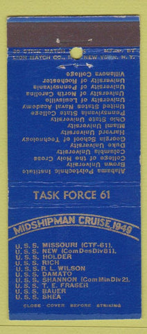 Matchbook Cover - Midshipman Cruise Task Force 61 1949 30 Stick