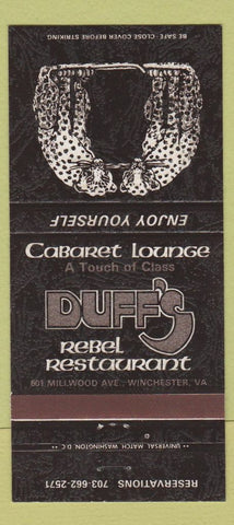 Matchbook Cover - Duff's Rebel Restaurant Winchester VA 30 Strike