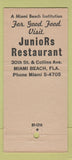 Matchbook Cover - Juniors Restaurant Miami Beach FL 30 Strike
