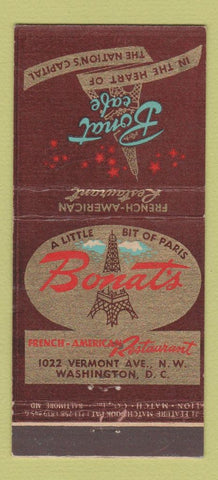 Matchbook Cover - Bonat's French Restaurant Washington DC 21 Strike Feature