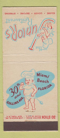 Matchbook Cover - Juniors Restaurant Miami Beach FL 30 Stick