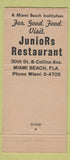 Matchbook Cover - Juniors Restaurant Miami Beach FL 30 Stick