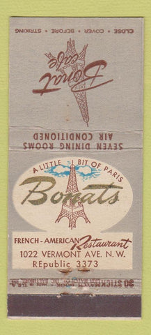 Matchbook Cover - Bonat's French Restaurant Washington DC WEAR 30 Stick