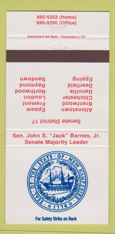 Matchbook Cover - State of New Hampshire Election Jack Barnes Jr 30 Strike