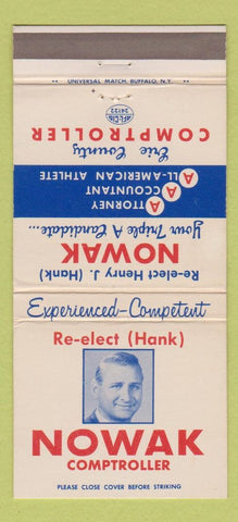 Matchbook Cover - Hank Nowak Comptroller Erie County 30 Strike