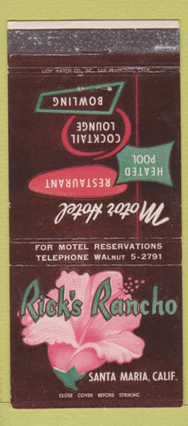 Matchbook Cover - Rick's Rancho Santa Maria CA bowling motel WEAR 30 Strike