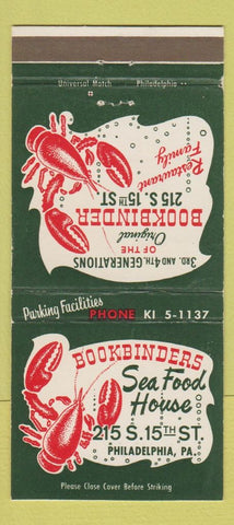 Matchbook Cover - Bookbinders Seafood Philadelphia PA lobster 30 Strike
