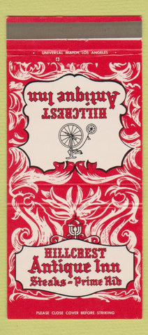 Matchbook Cover - Hillcrest Antique Inn Steaks Pasadena CA 30 Strike