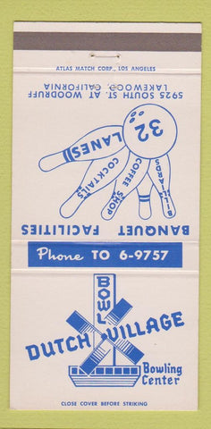 Matchbook Cover - Dutch Village Bowling Lakewood CA billiards 30 Strike