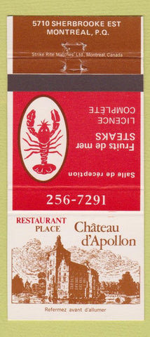 Matchbook Cover - Restaurant Place Chateau D' Apollon Montreal QC 30 Strike