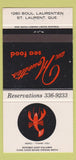 Matchbook Cover - Aux Houettes St Laurent QC lobster 30 Strike