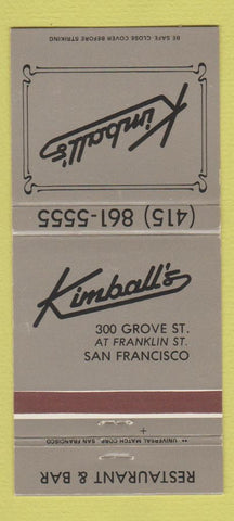Matchbook Cover - Kimball's Restaurant Bar San Francisco CA 30 Strike