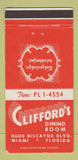 Matchbook Cover - Clifford's Dining Room Miami FL WEAR 30 Strike