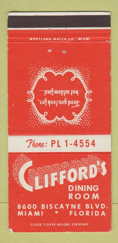 Matchbook Cover - Clifford's Dining Room Miami FL WEAR 30 Strike