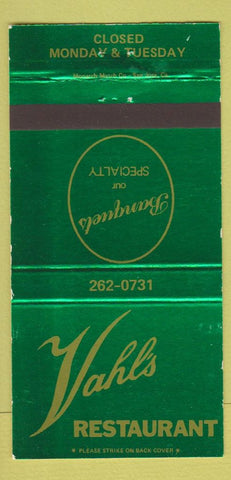 Matchbook Cover - Vahl's Restaurant Alviso CA 30 Strike