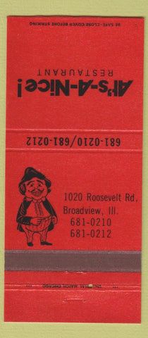 Matchbook Cover - At's A Nice Restaurant Broadview IL 30 Strike