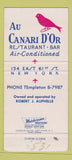 Matchbook Cover - Au Canari D'Or New York City 30 Strike