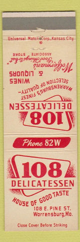 Matchbook Cover - 108 Deli Warrensburg MO