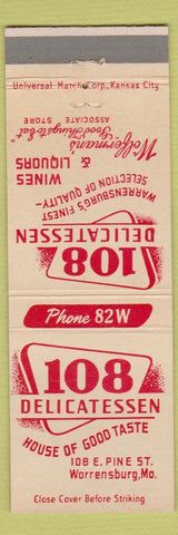 Matchbook Cover - 108 Deli Warrensburg MO