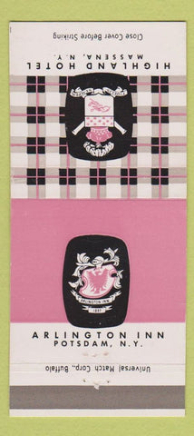 Matchbook Cover - Arlington Inn Potsdam NY Highland Hotel Massena 30 Strike