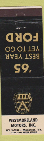 Matchbook Cover - 1965 Ford Westmoreland Motors Montrose VA WEAR
