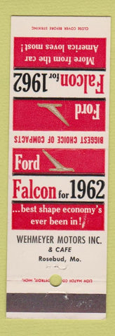 Matchbook Cover - 1962 Ford Falcon Wehmeyer Motors Rosebud MO cafe