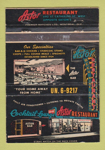 Matchbook Cover - Astor Restaurant Montreal QC WEAR 40 Strike