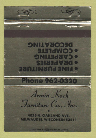 Matchbook Cover - Armin Koch Furniture Milwaukee WI 40 Strike GOLD