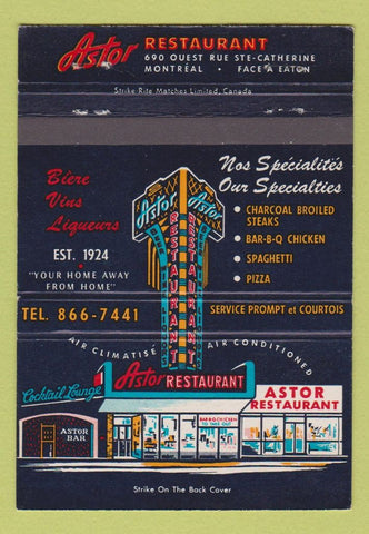 Matchbook Cover - Astor Restaurant Montreal QC 40 Strike