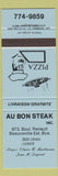 Matchbook Cover - Au Bon Steak Beauceville QC pizza