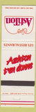 Matchbook Cover - Ashton Restaurant Ste Foy Beauport Laval QC