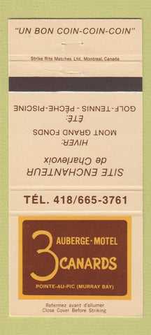 Matchbook Cover - 3 Canards Motel Pointe Au Pic Murray Bay QC 30 Strike