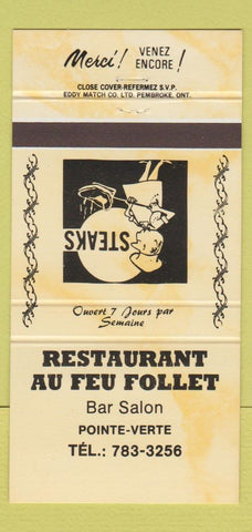 Matchbook Cover - Restaurant Au Feu Follet Pointe Verte QC YELLOW 30 Strike