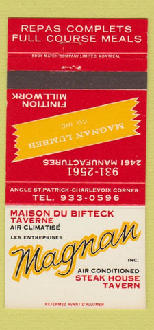 Matchbook Cover - Magnan Steak House Tavern QC 30 Strike