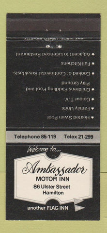 Matchbook Cover - Ambassador Motor Inn Hamilton New Zealand 30 Strike