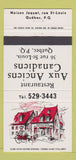 Matchbook Cover - Restaurant Aux Anciens Canadiens Quebec QC 30 Strike