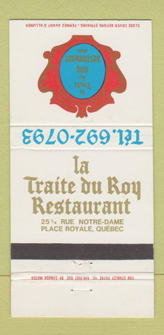 Matchbook Cover - La Traite Du Roy Restaurant Place Royale QC 30 Strike