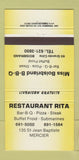 Matchbook Cover - Restaurant Rita Mercier QC Boisbriand 30 Strike