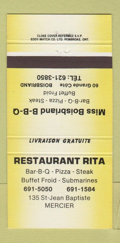 Matchbook Cover - Restaurant Rita Mercier QC Boisbriand 30 Strike