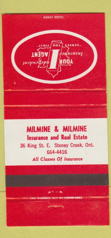 Matchbook Cover - Milmine Insurance Real Estate Stoney Creek ON 30 Strike