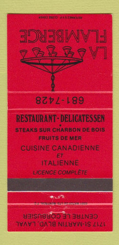 Matchbook Cover - LA Flamberge Restaurant Deli Italian Laval QC 30 Strike