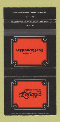 Matchbook Cover - Restaurant Chez Lorenzo Quebec QC 30 Strike