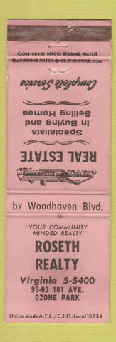 Matchbook Cover - Roseth Real Estate Ozone Park New York City WORN