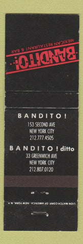 Matchbook Cover - Bandito Mexican Restaurant New York City BLACK