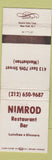 Matchbook Cover - Nimrod Restaurant Bar New York City WORN
