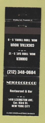 Matchbook Cover - Neighborhood Restaurant Bar New York City