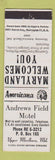 Matchbook Cover - Andrews Field Motel Upper Marlboro MD Perkins Americana WHITE