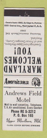 Matchbook Cover - Andrews Field Motel Upper Marlboro MD Perkins Americana WHITE
