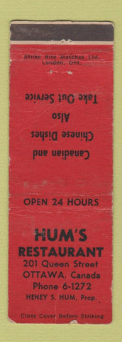 Matchbook Cover - Hum's Restaurant Ottawa ON WORN